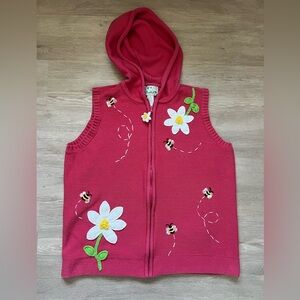 Quacker Factory Red Pink Hooded Knit Vest with Daisy Crochet & Sequined Bees 1X